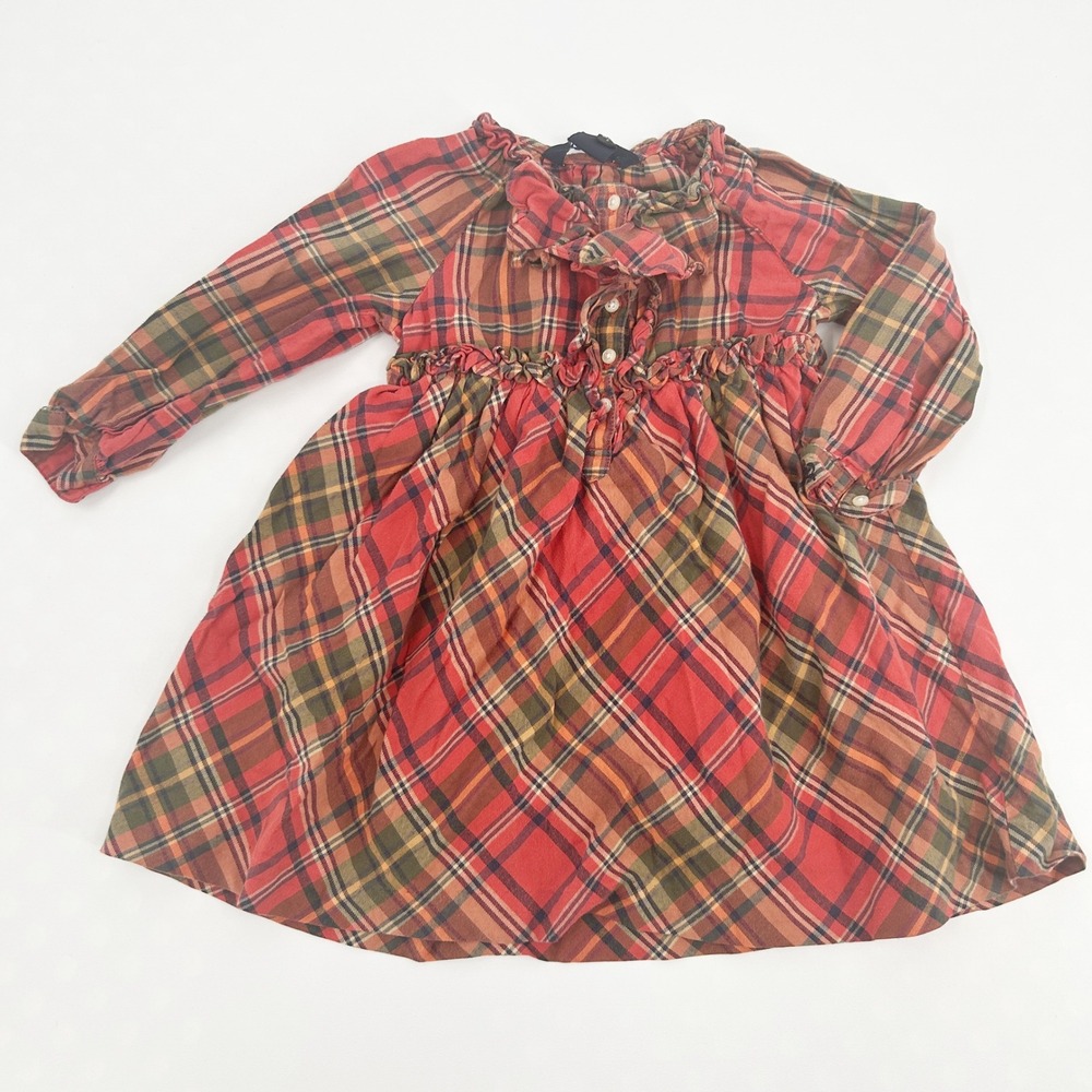 Ralph Lauren Baby Girls Tartan Plaid Long Sleeve Ruffle Fall Cotton Dress 24M
